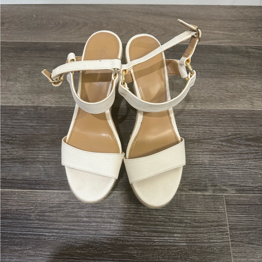 Cream Sandals with Adjustable Ankle Strap and Wedged heels